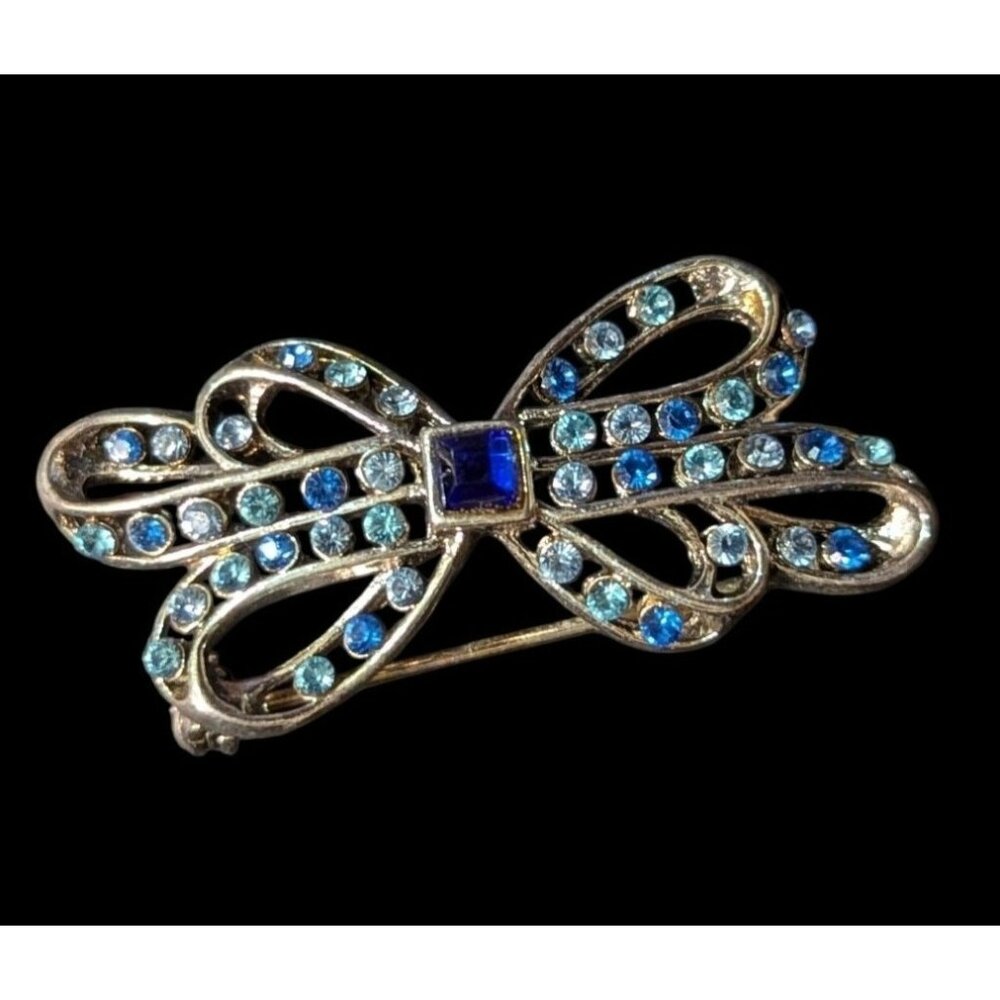 Vintage Bow-Shaped Rhinestone Brooch With Blue Accent‎ Stones - 1.5-Inch Pinback